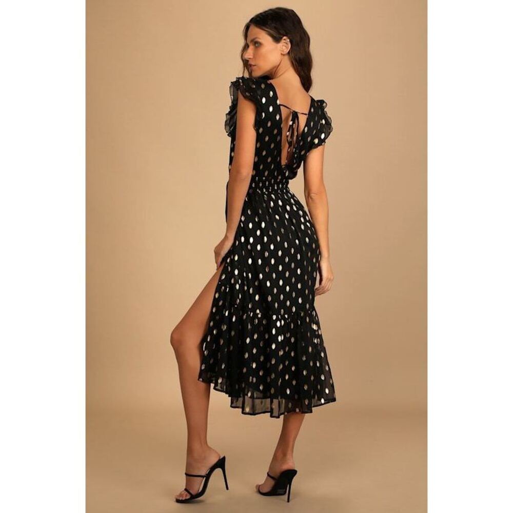 Lulus Cause To Celebrate Black And Gold Dot Ruffled Tiered Midi Dress - Size L